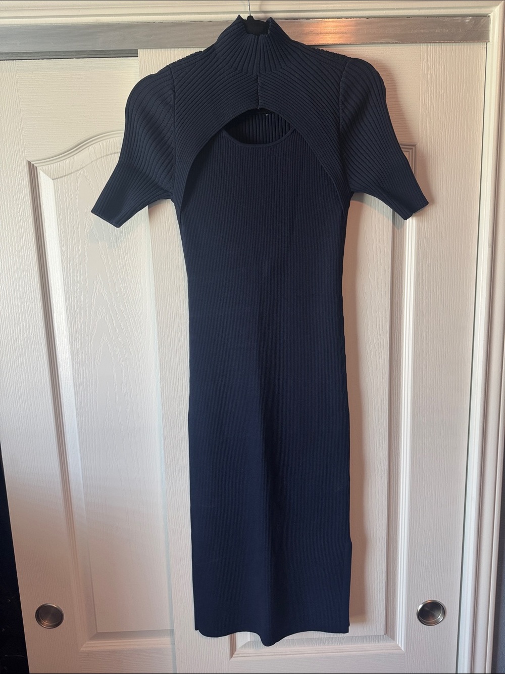 NWT WHBM Navy Ribbed Cutout Short Sleeve Midi Dress